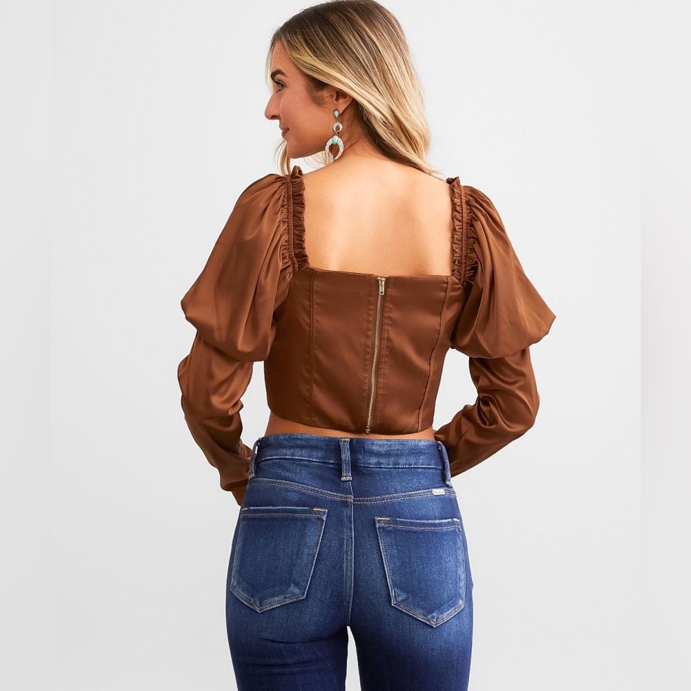 NWT Papermoon Satin Puff Sleeve Cropped Top Copper Brown Size Small - Picture 5 of 5